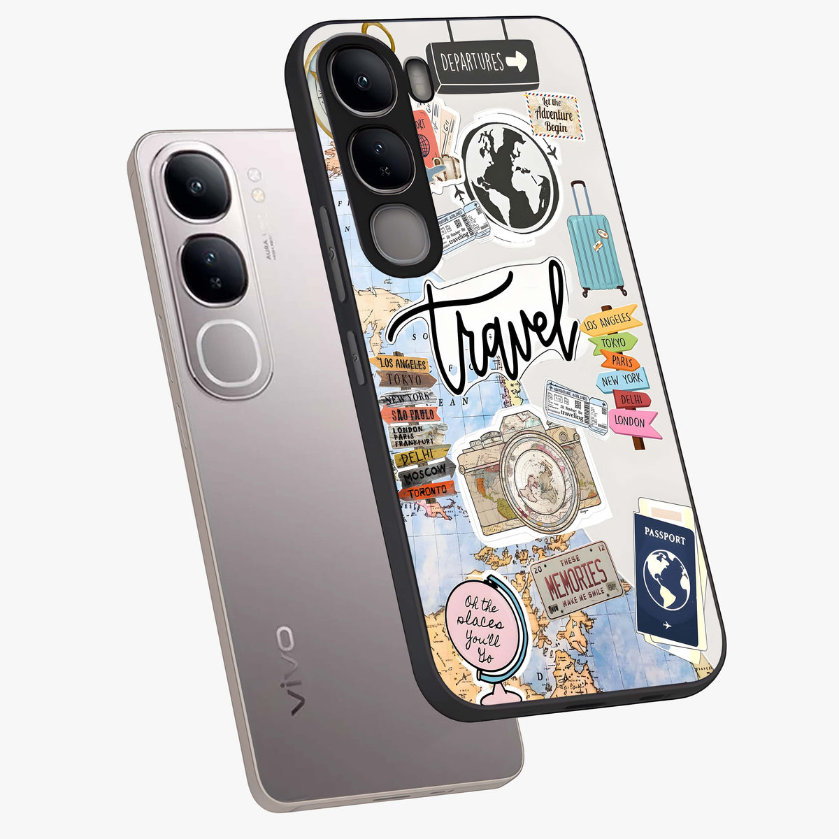 Wanderlust Journal Glass Case displayed in angled mockup highlighting adventure themed design with aesthetic travel vibe.