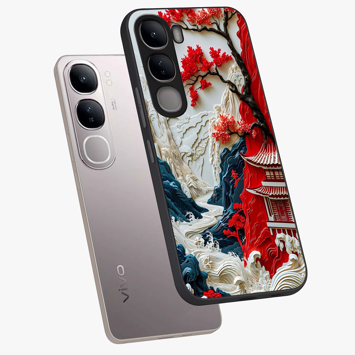 Whispers Of Sakura Waves Glass Case displayed in angled mockup highlighting flowing sakura design with soft floral aesthetic.
