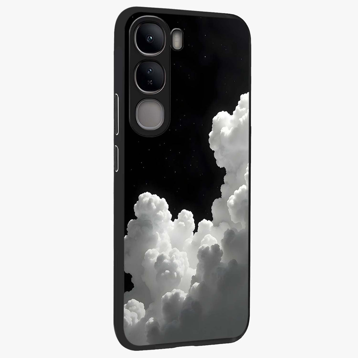 Black Background With White Cloud Glass Case upright view showcasing calm cloud aesthetic with modern minimal style.