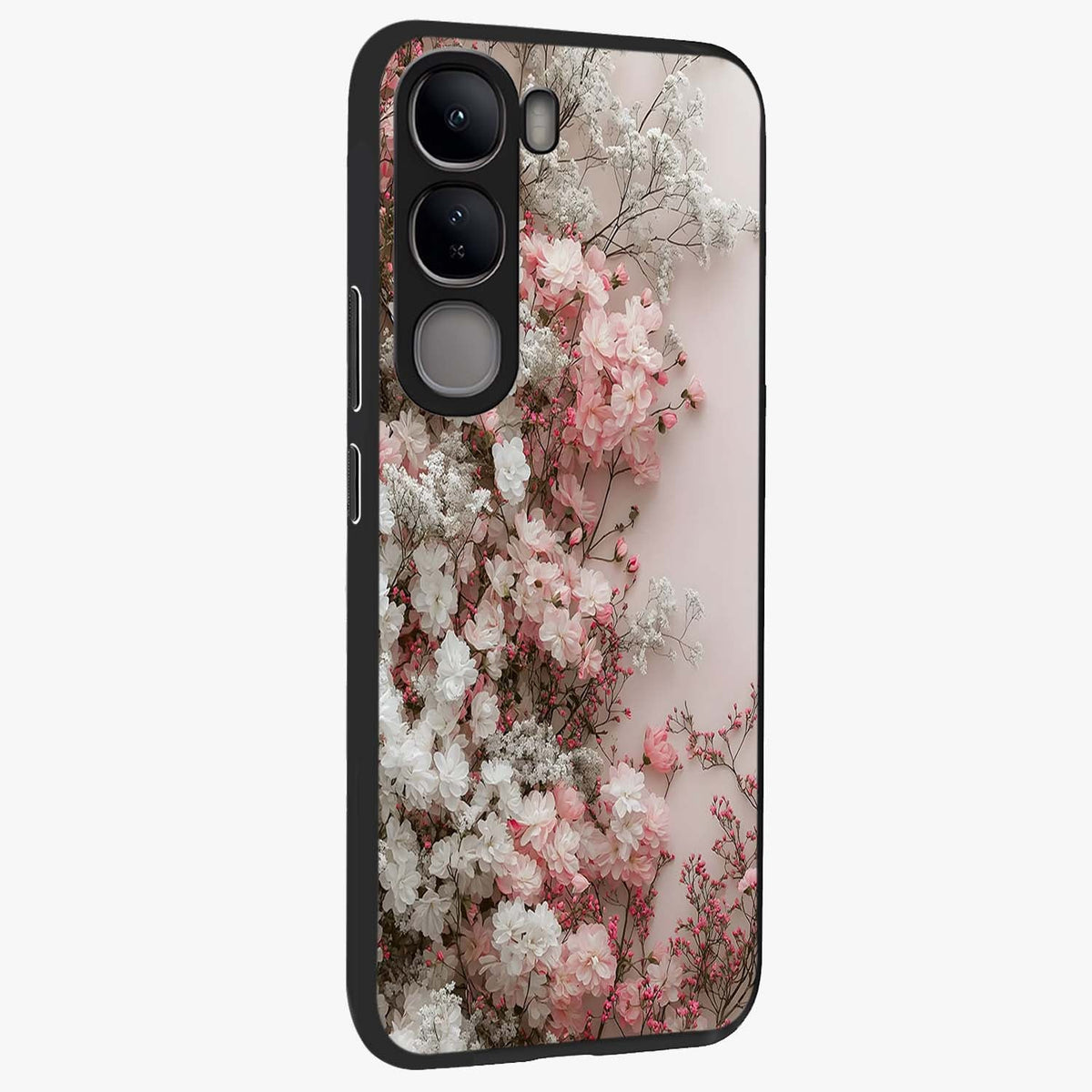 Blush Blossom Cloud Glass Case upright view showcasing calm floral cloud artwork with gentle dreamy theme.