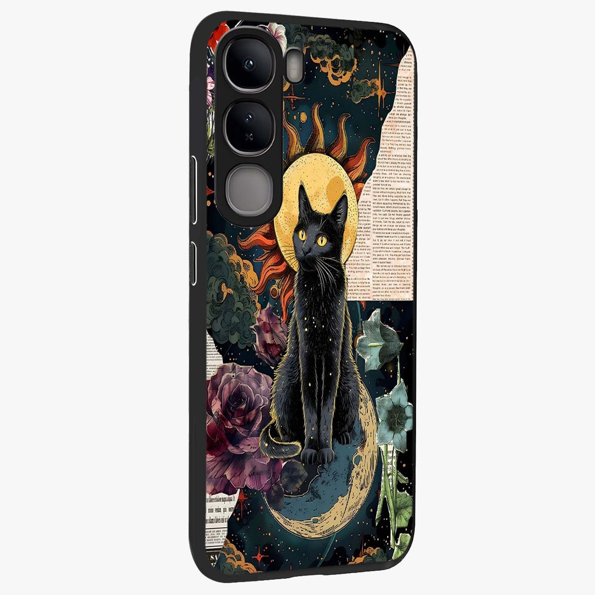 Celestial Black Cat Glass Case upright view showcasing magical black cat illustration with starry cosmic theme.