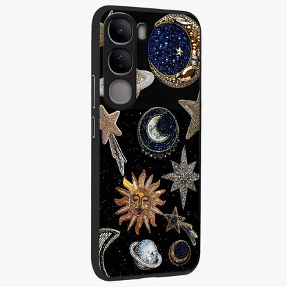 Celestial Gem Constellations Glass Case upright view showcasing cosmic constellation artwork with celestial aesthetic style.