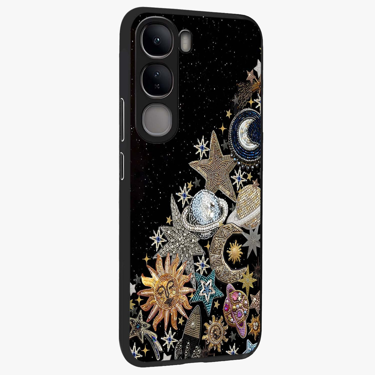 Cosmic Sparkle Dreams Glass Case upright view showcasing glowing cosmic artwork with magical galaxy theme.