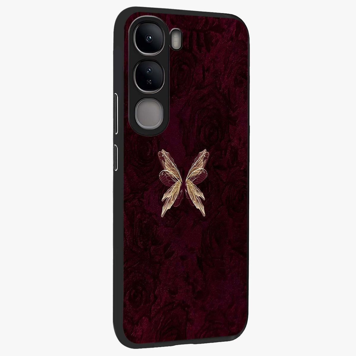 Crimson Fade Butterfly Glass Case upright view showcasing graceful butterfly artwork with soft crimson fade effect.