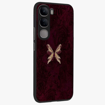 Crimson Fade Butterfly Glass Case upright view showcasing graceful butterfly artwork with soft crimson fade effect.