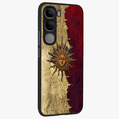 Crimson Sun Majesty Glass Case upright view showcasing vibrant sun artwork with powerful celestial theme.
