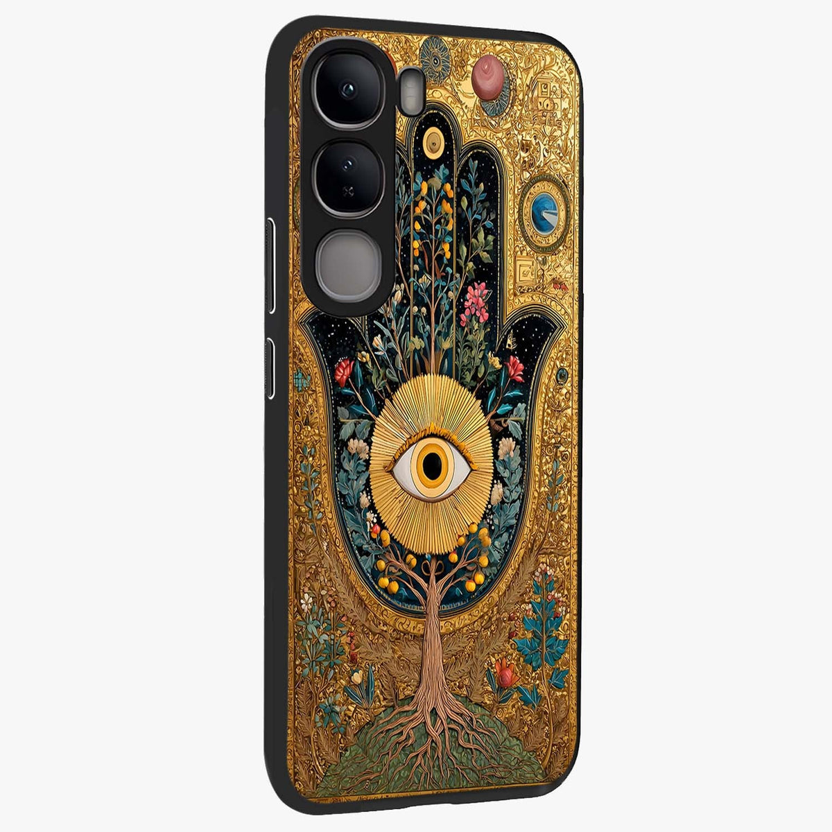 Ethereal Evil Eye Glass Case upright view showcasing celestial evil eye artwork with mystical theme.