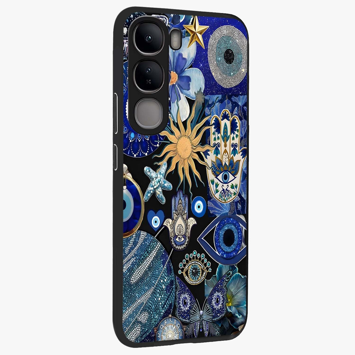 Evil Eye Charm Mix Glass Case upright view showcasing mystical evil eye pattern with vibrant decorative style.