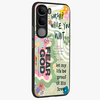 Faith Over Fear Glass Case upright view showcasing bold typography artwork with uplifting motivational theme.