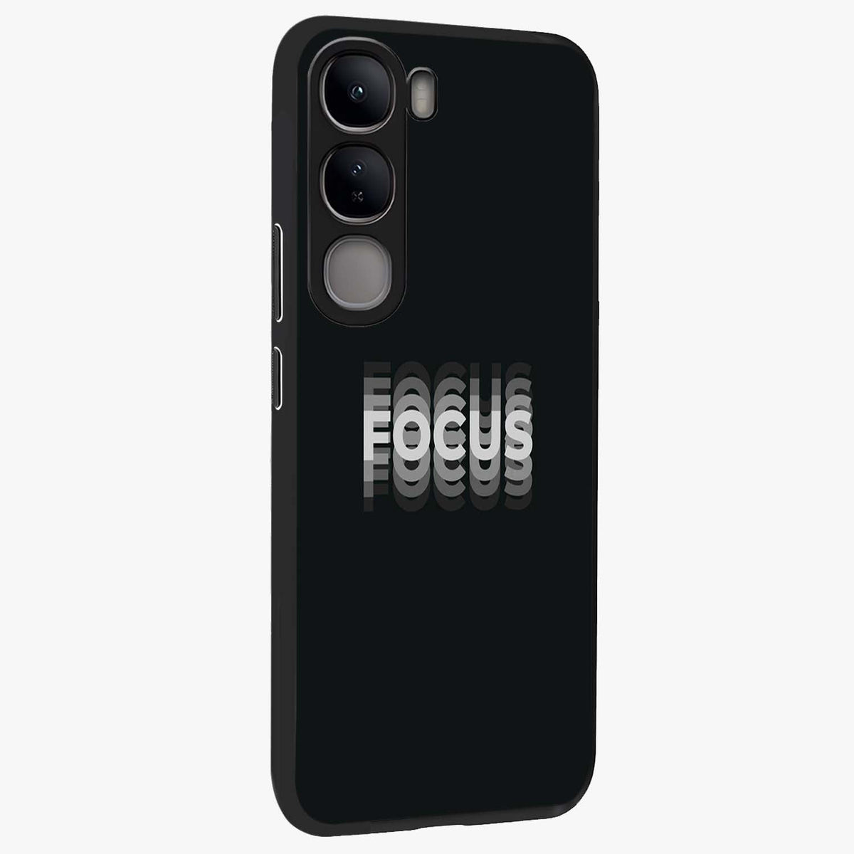 Focus Mode On Glass Case upright view showcasing strong typography statement with sleek motivational theme.