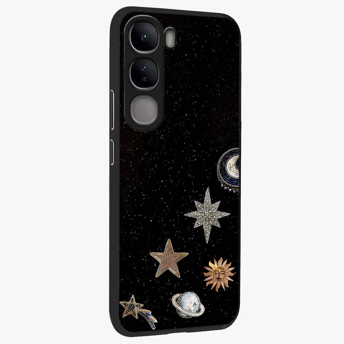 Galactic Charm Glow Glass Case upright view showcasing glowing cosmic charm artwork with magical celestial style.