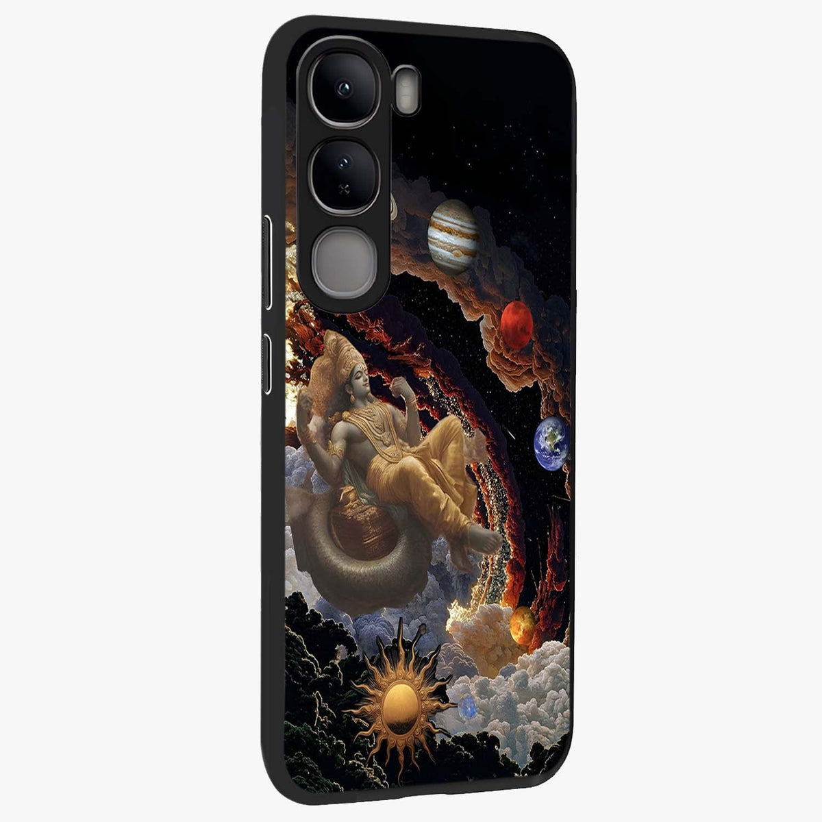 Galactic Divine God Glass Case upright view showcasing mystical divine artwork with dramatic cosmic theme.