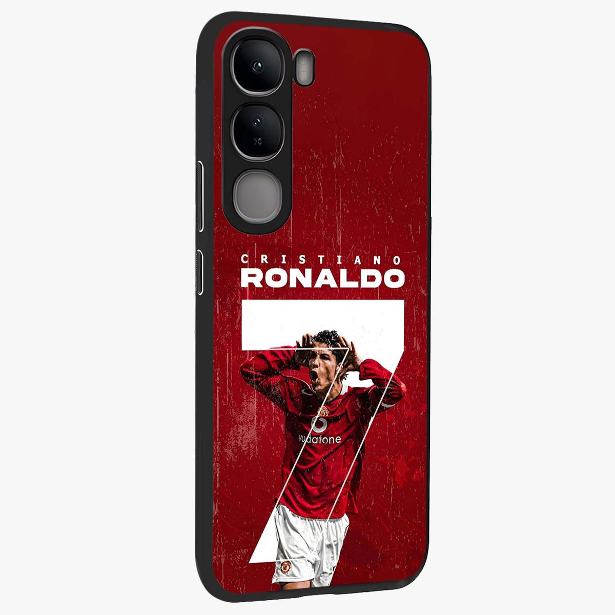 Goal Celebration Legacy Glass Case upright view showcasing dynamic football inspired artwork with victory celebration aesthetic.