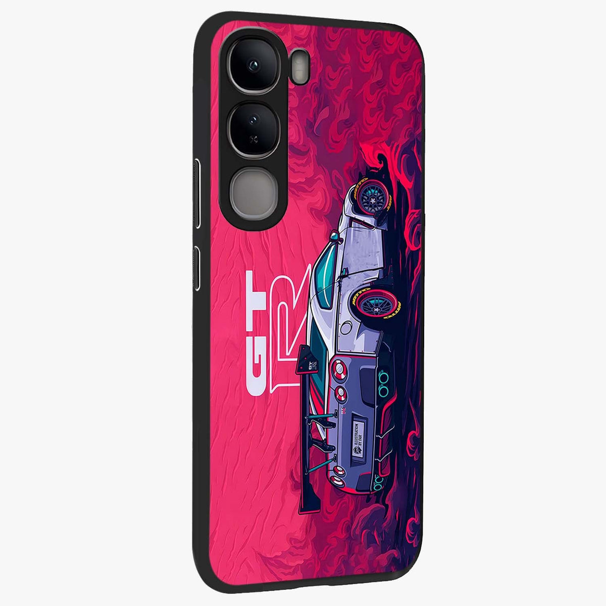 GT-R Car Pattern Glass Case upright view showcasing dynamic car pattern artwork with modern sports theme.