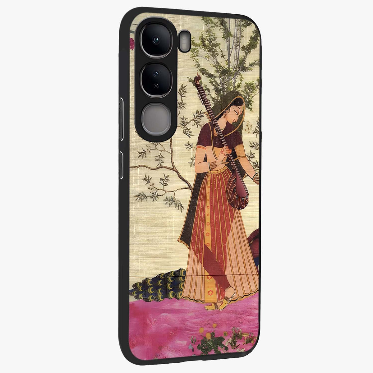 Lady With Veena Art Glass Case upright view showcasing classical veena artwork with traditional artistic theme.