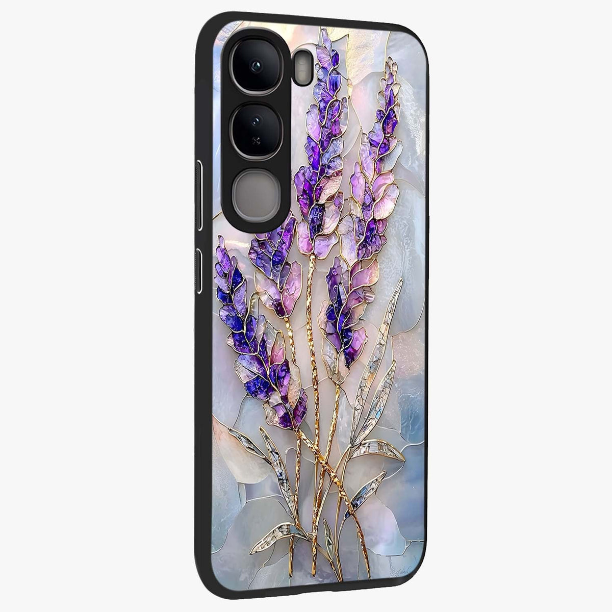 Lavender Dream Glow Glass Case upright view showcasing radiant lavender glow artwork with calming dreamy theme.