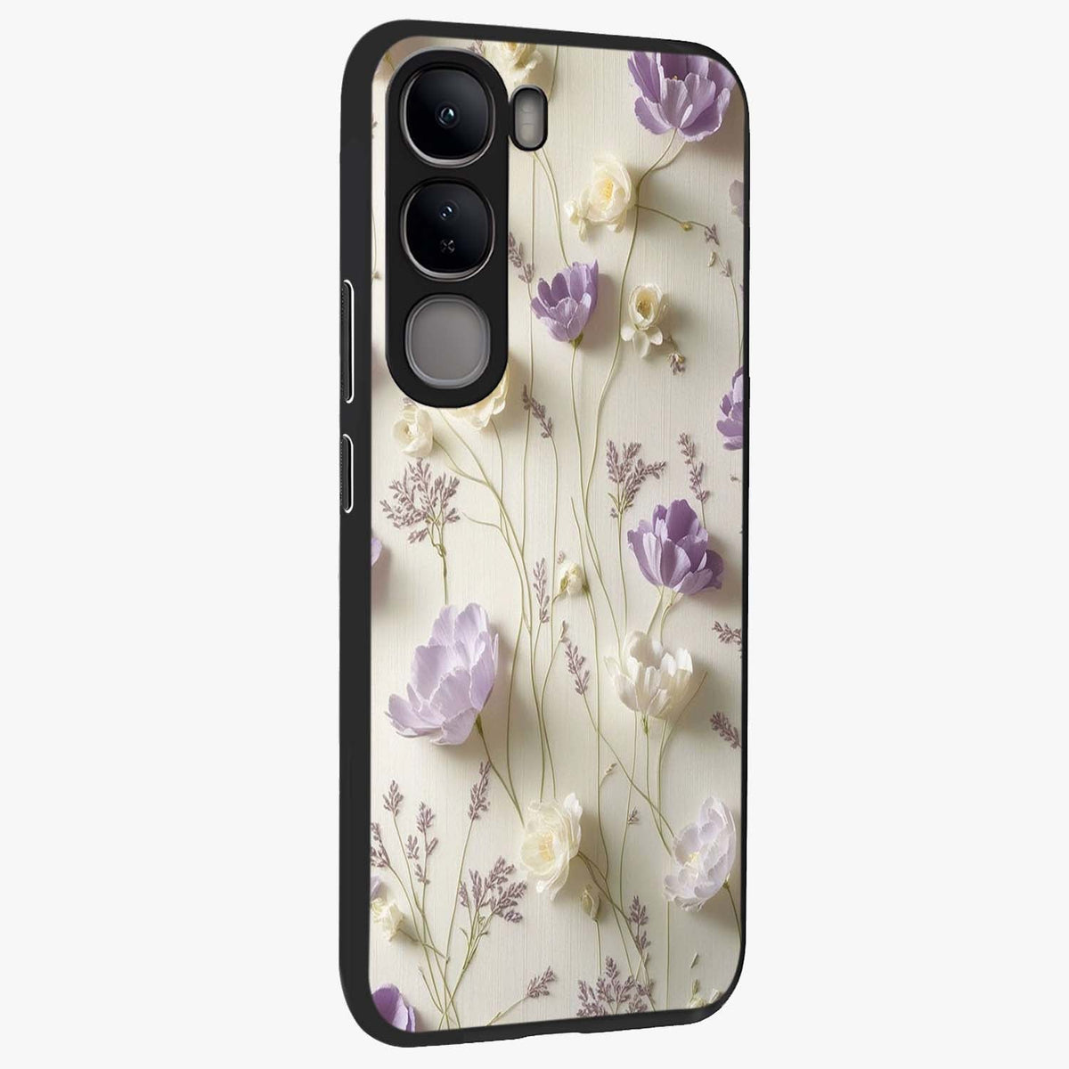 Lilac Breeze Harmony Glass Case upright view showcasing delicate lilac artwork with peaceful floral theme.