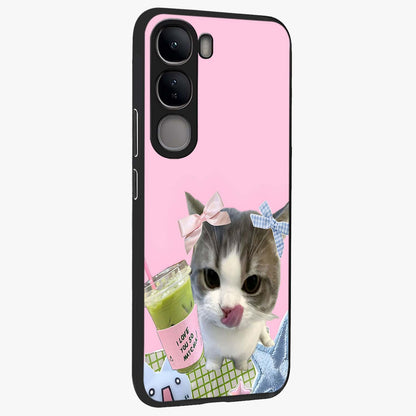 Love Matcha Cat Glass Case upright view showcasing adorable cat artwork with charming matcha themed design.