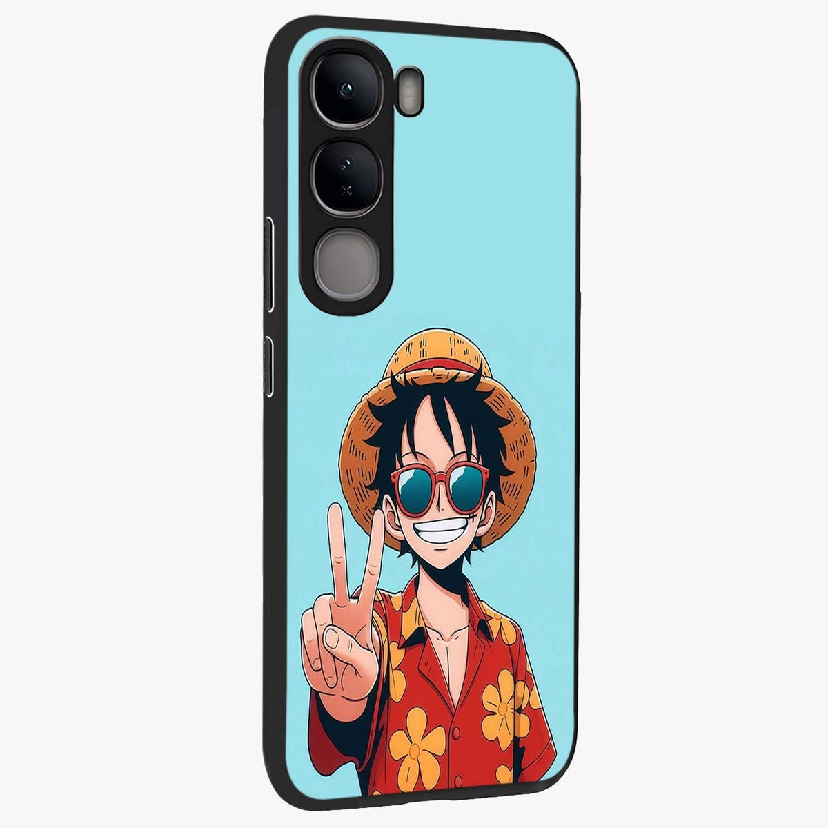 Luffy Summer Anime Vibe Glass Case upright view showcasing dynamic anime artwork with bright adventurous theme.