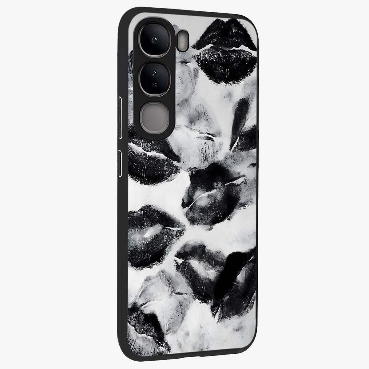 Midnight Kiss Marks Glass Case upright view showcasing stylish kiss mark artwork with trendy romantic theme.