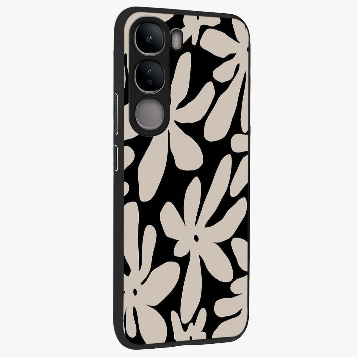 Monochrome Petal Dance Glass Case upright view showcasing artistic floral pattern with stylish monochrome theme.