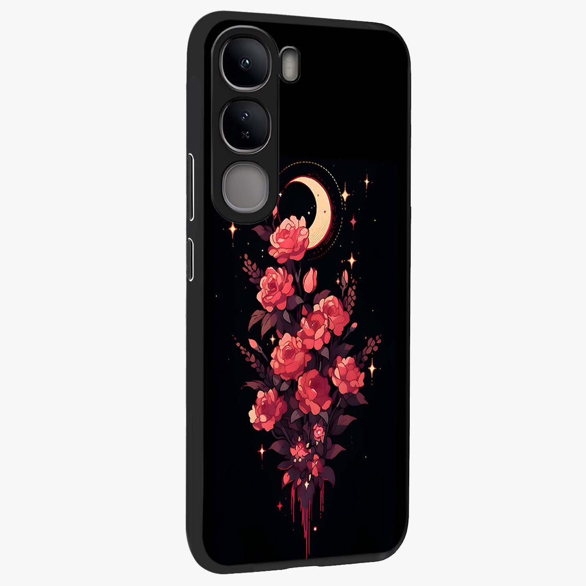 Moonlit Floral Elegance Glass Case upright view showcasing delicate floral artwork with refined night inspired theme.