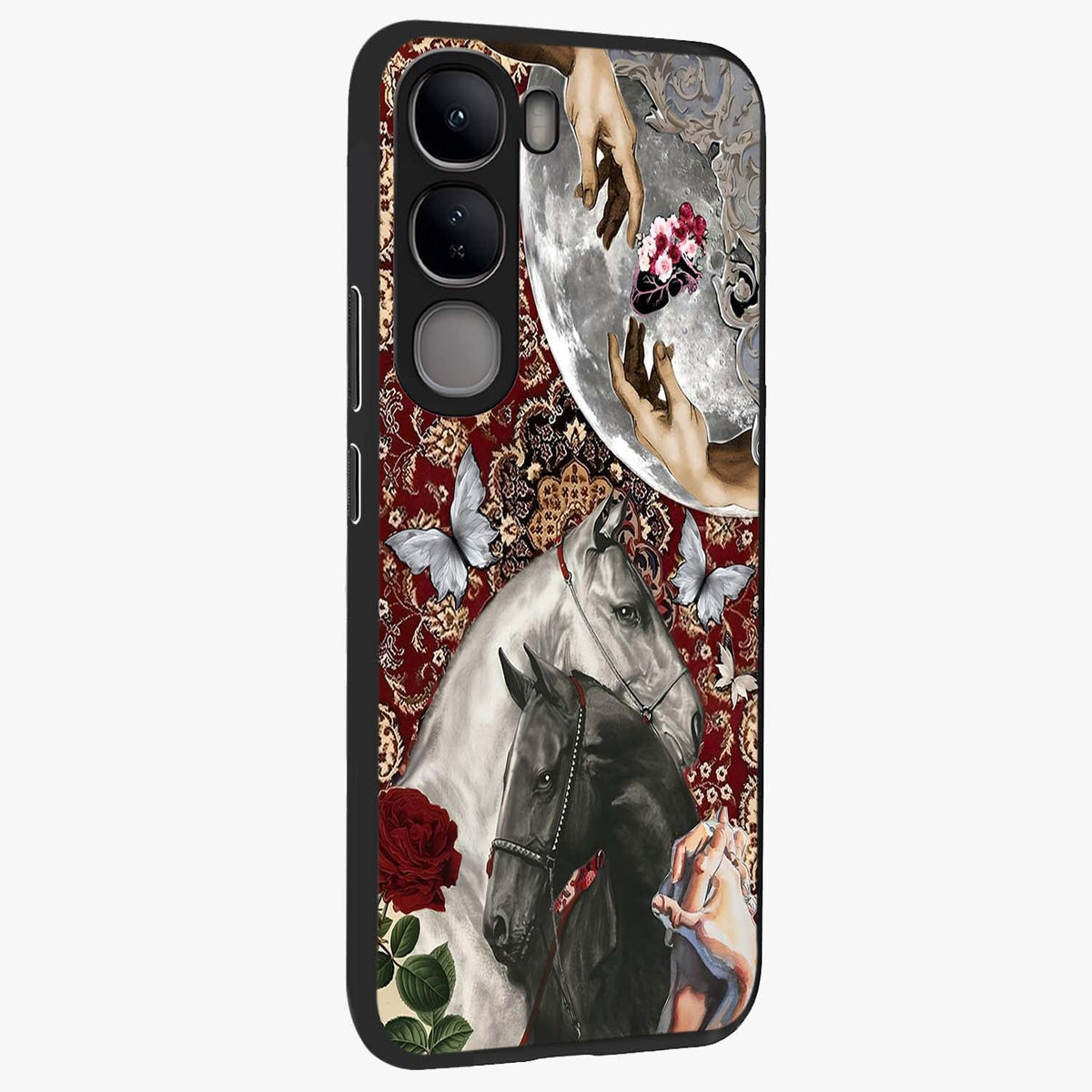 Moonlit Royal Stallion Glass Case upright view showcasing dramatic horse artwork with glowing moon themed design.