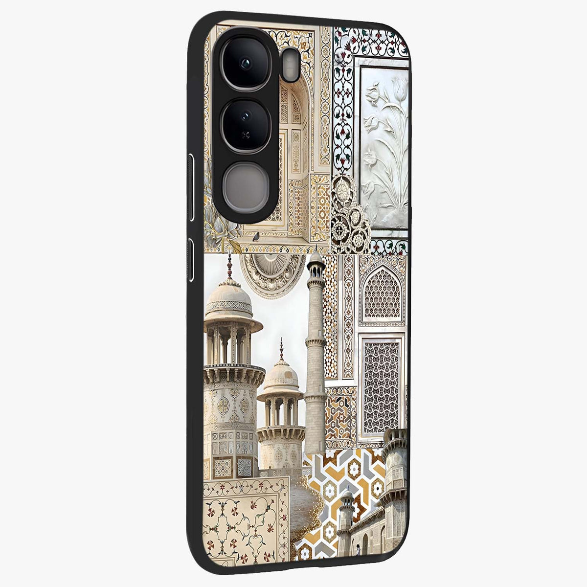 Mughal Marble Legacy Glass Case upright view showcasing ornate Mughal design with luxurious traditional theme.