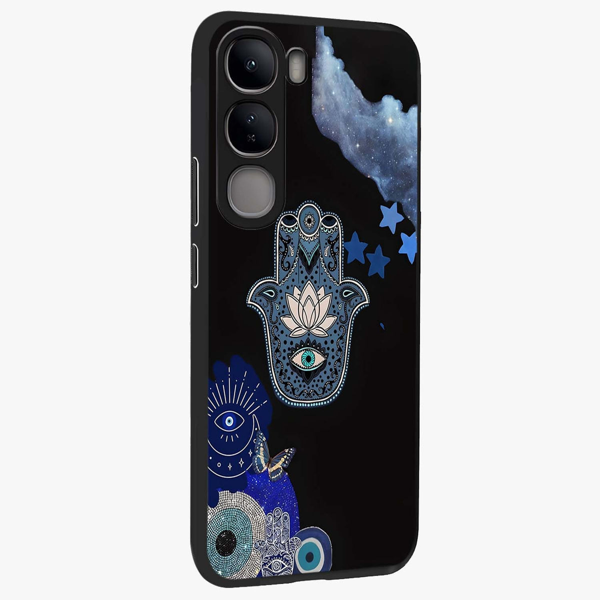 Mystic Hand Aura Glass Case upright view showcasing symbolic hand artwork with mystical energy theme.