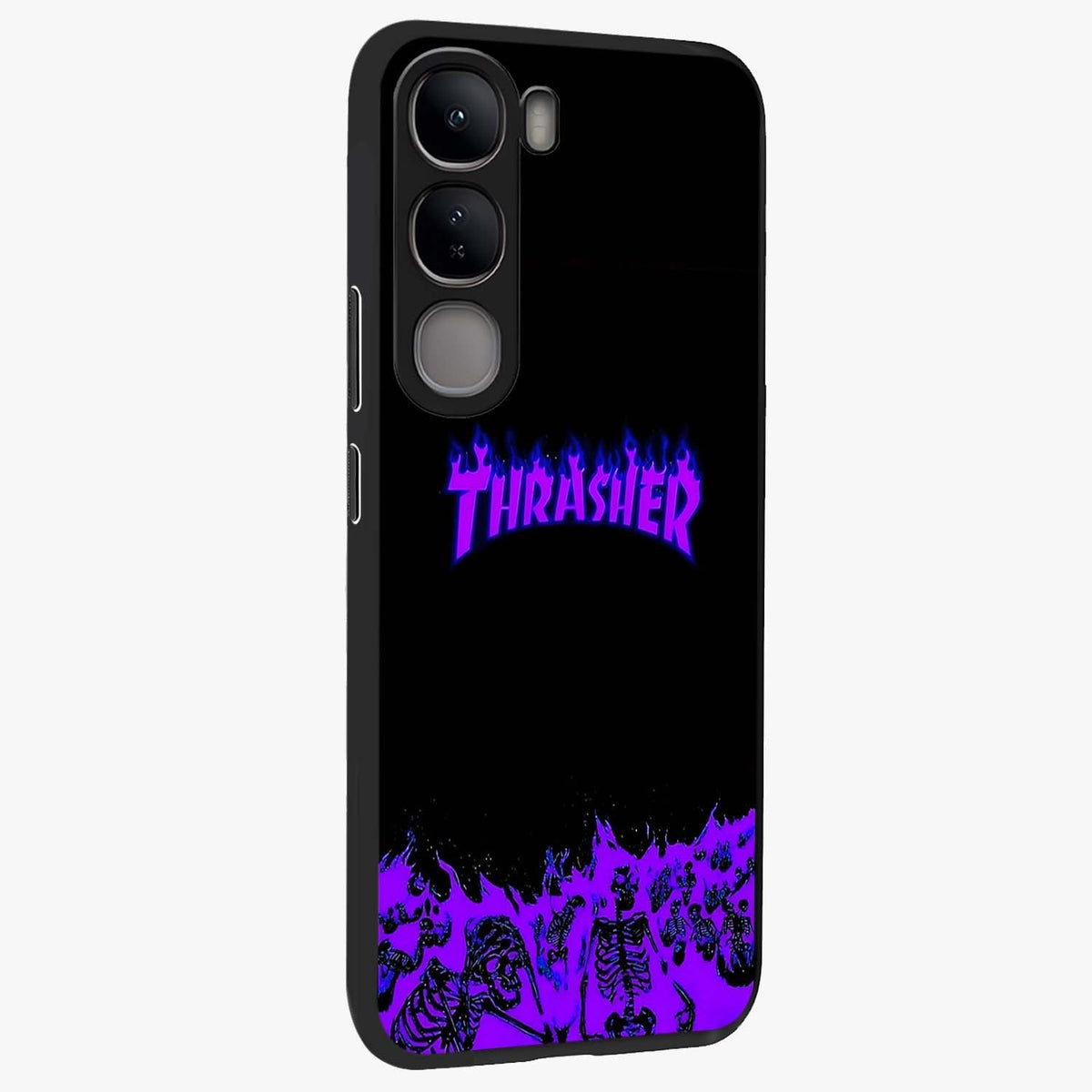 Neon Flame Riot Glass Case upright view showcasing dynamic flame artwork with energetic neon theme.