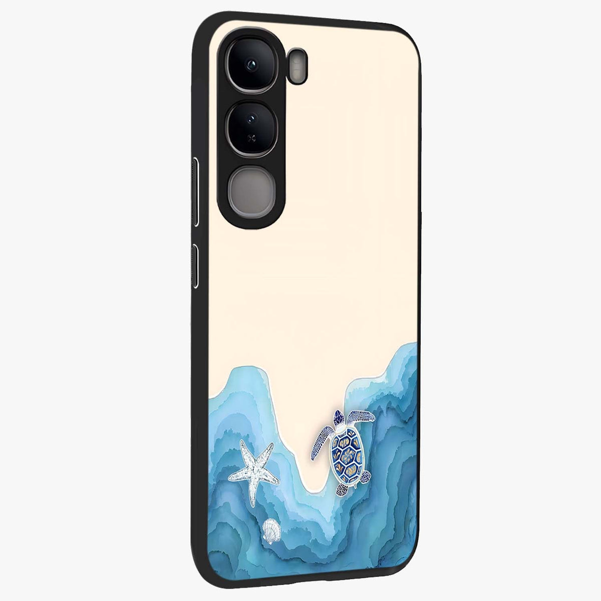Ocean Drift Turtle Glass Case upright view showcasing calm underwater turtle artwork with nature inspired theme.