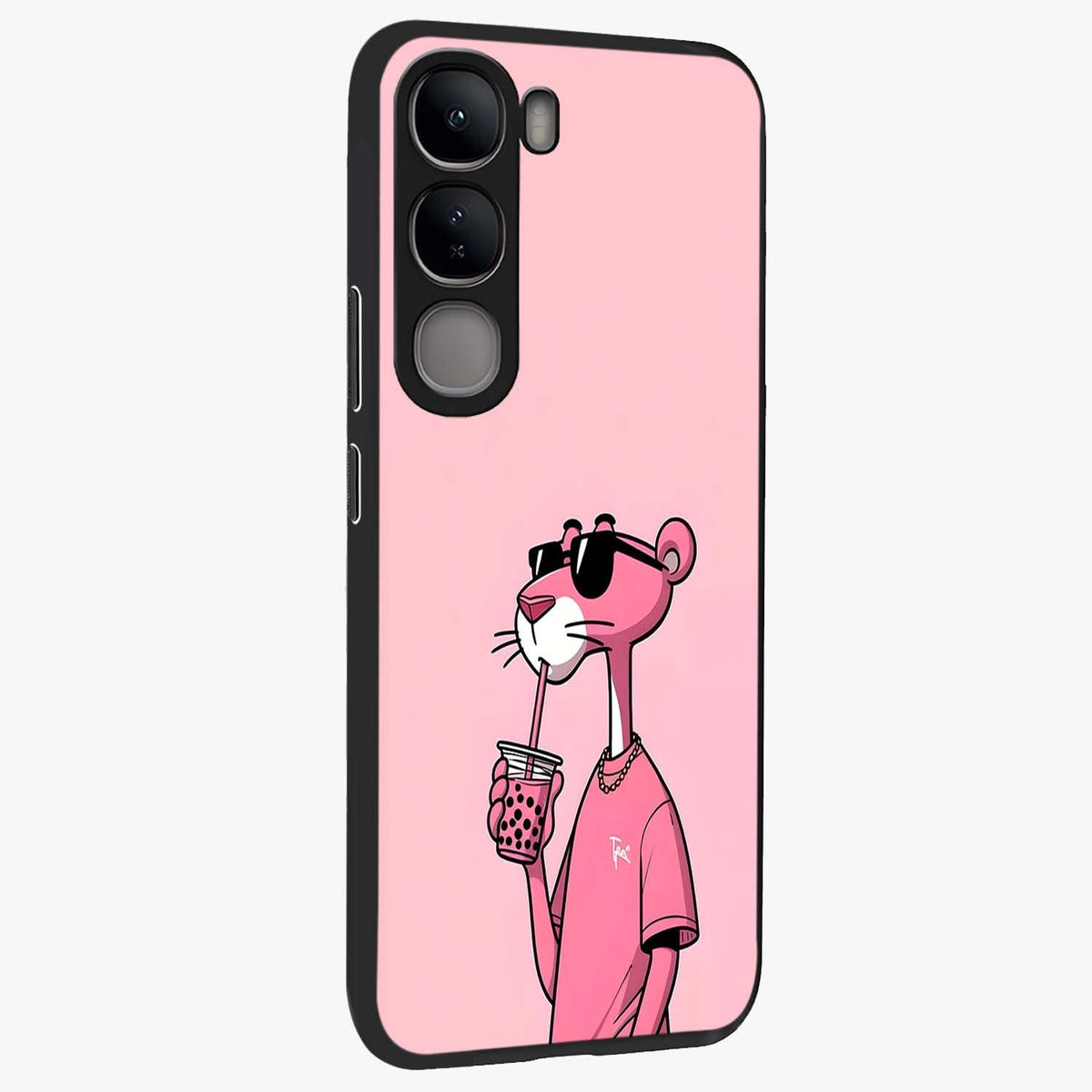 Pink Panther Glass Case upright view showcasing fun animated artwork with stylish retro cartoon theme.