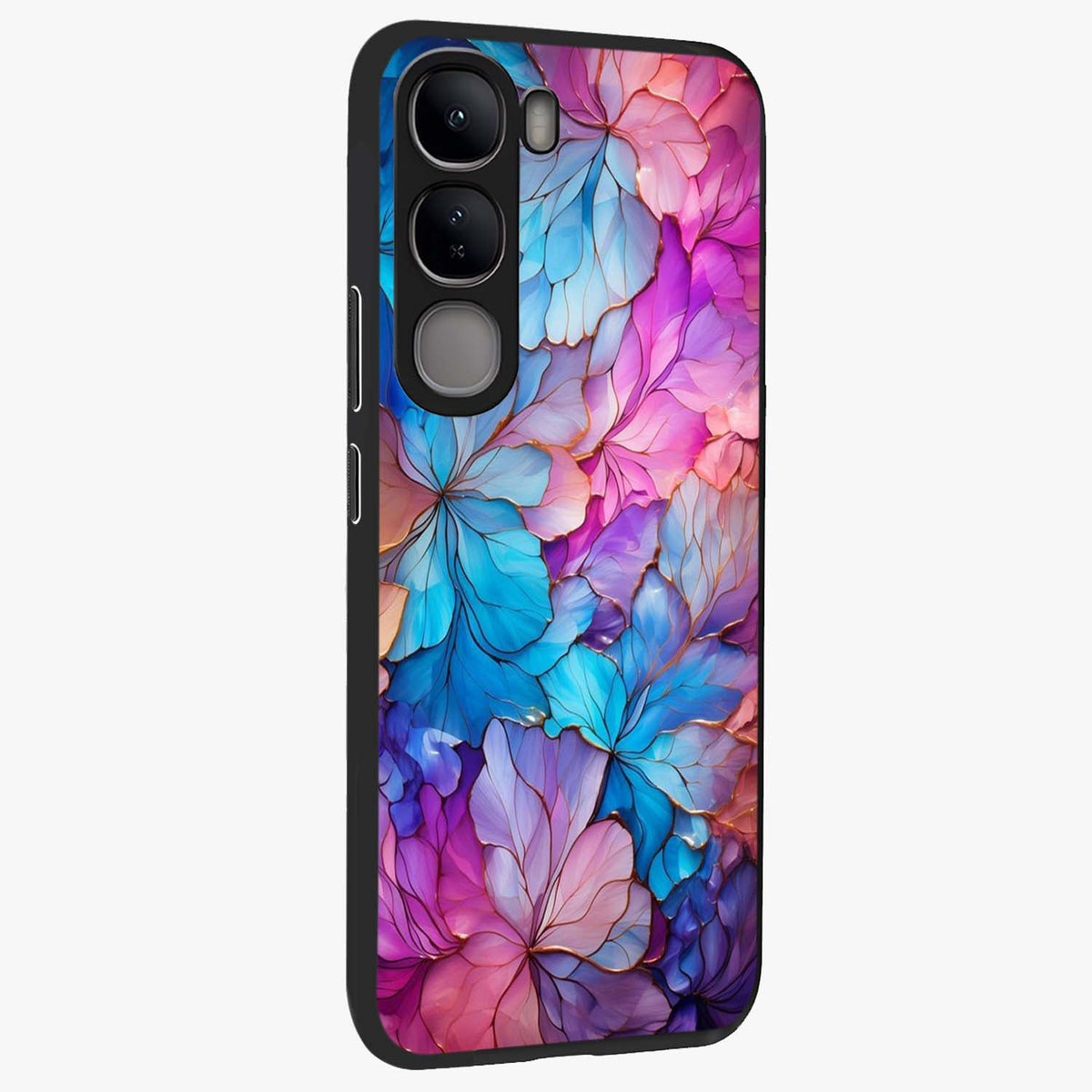 Radiant Floral Whirl Glass Case upright view showcasing lively floral artwork with decorative swirl theme.