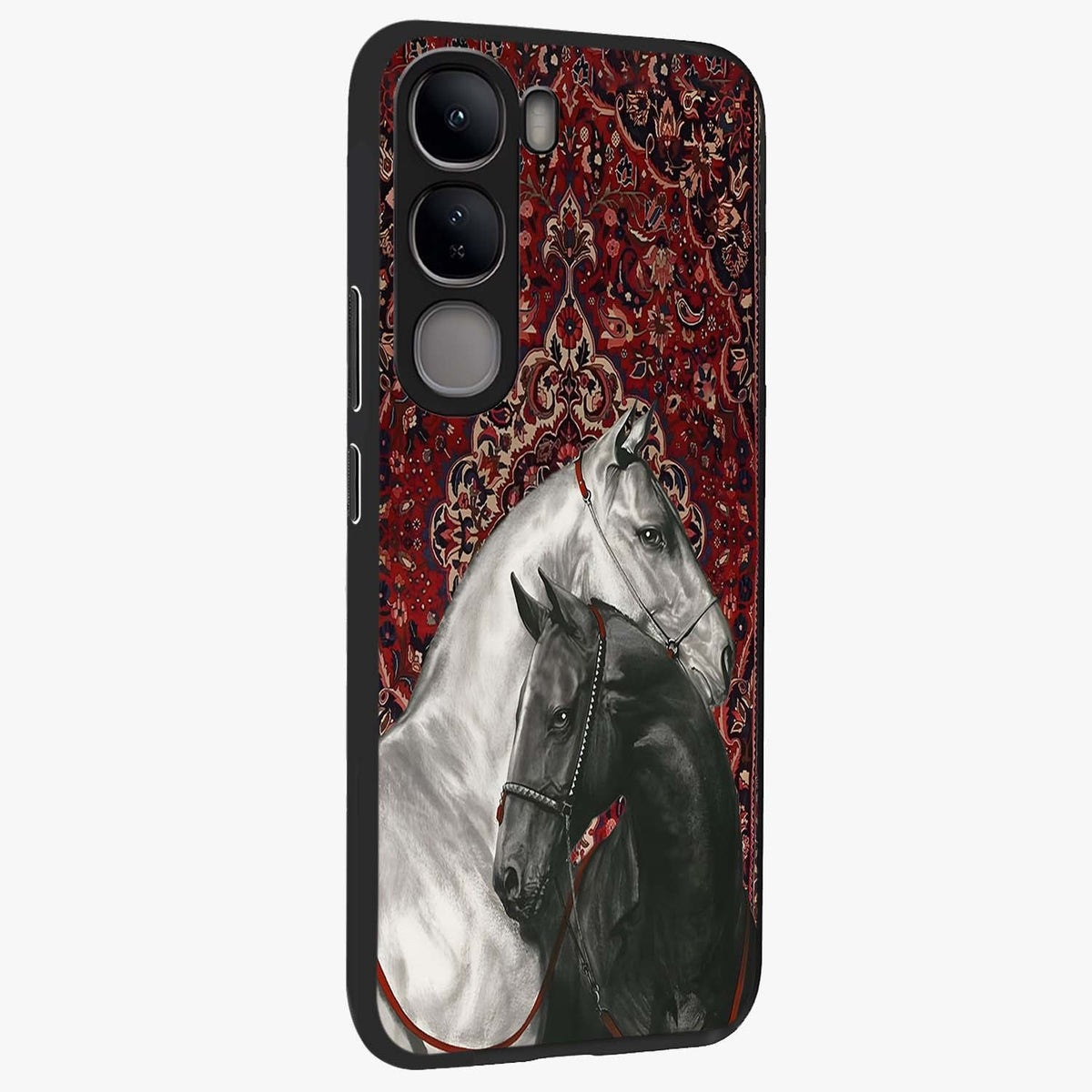 Regal Stallion Tapestry Glass Case upright view showcasing powerful horse artwork with elegant tapestry theme.