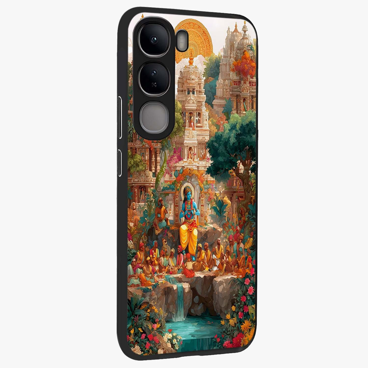 Sacred Sunlight Gods Glass Case upright view showcasing glowing divine artwork with sacred mythological theme.