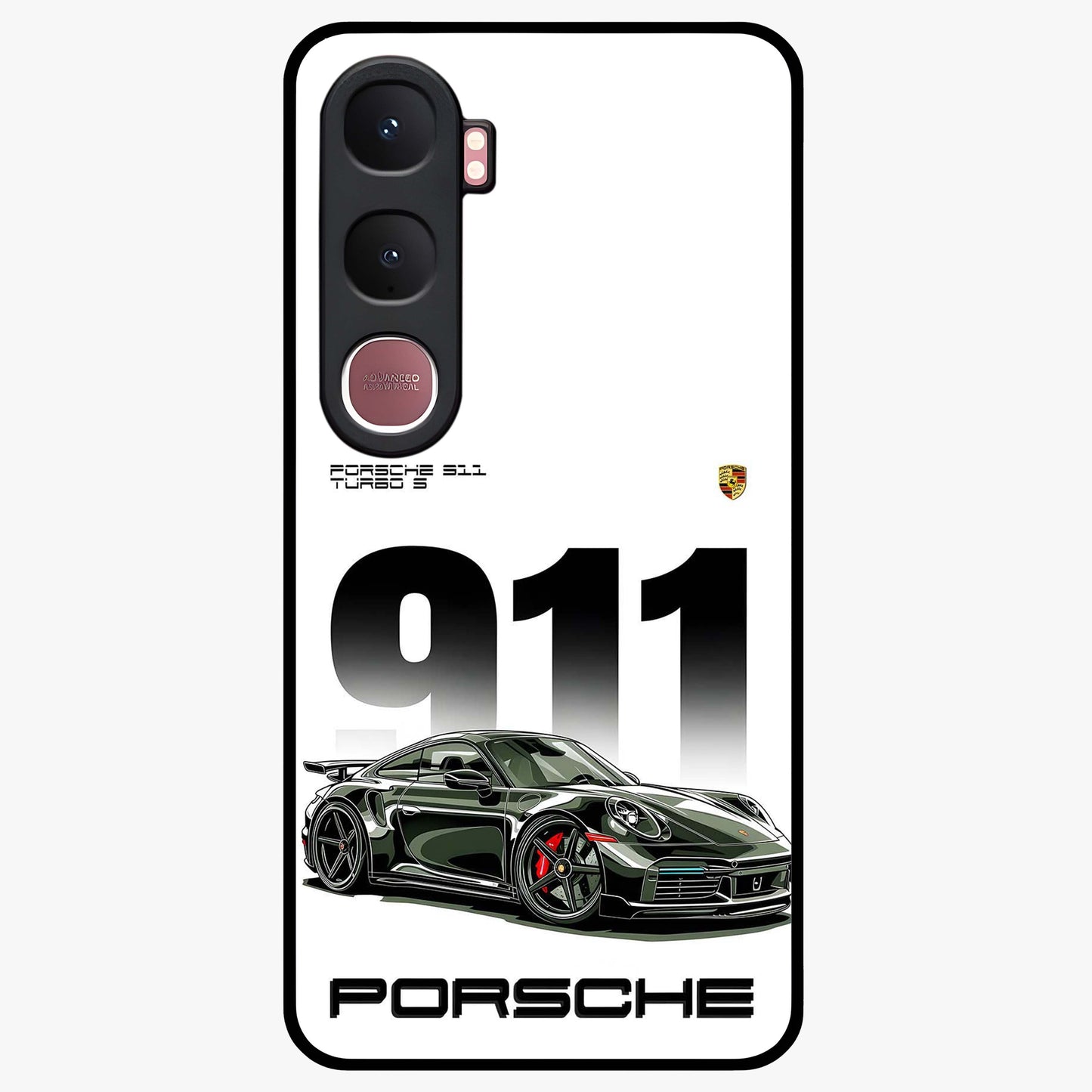 911 Turbo Dominance Glass Case showing clean flat back view with bold 911 sports car artwork and glossy glass finish.
