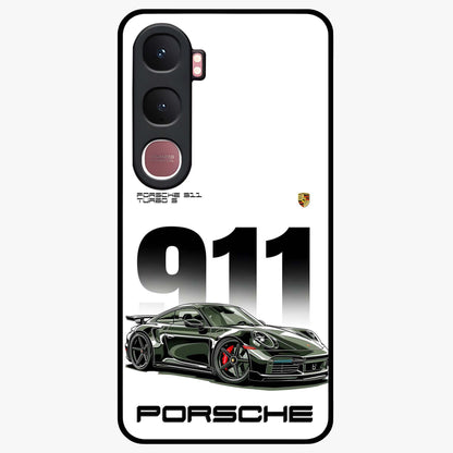 911 Turbo Dominance Glass Case showing clean flat back view with bold 911 sports car artwork and glossy glass finish.