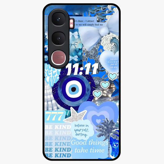Aesthetic Be Kind Eye Glass Case showing flat back view with motivational eye artwork and glossy glass finish.
