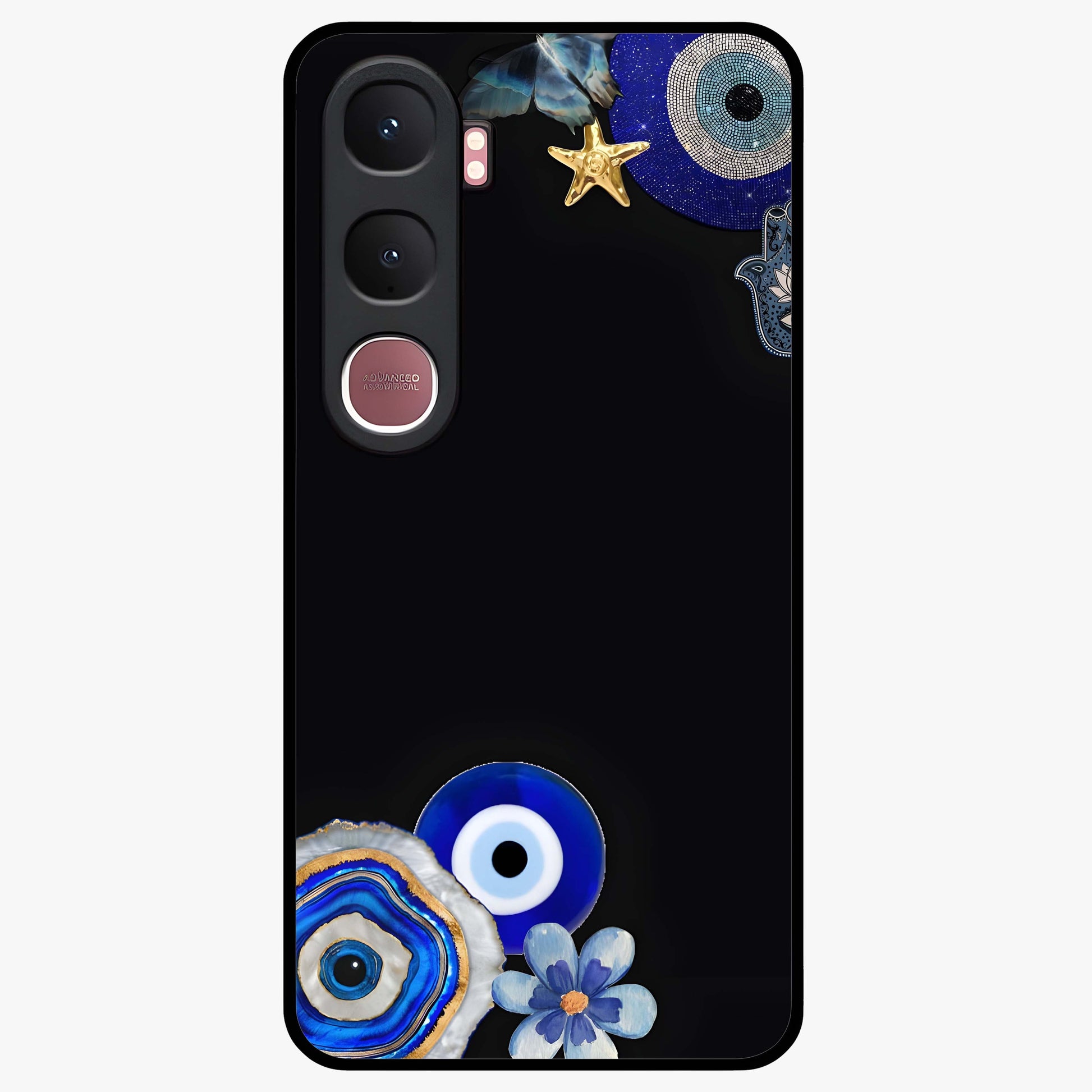 Aesthetic Blue Evil Eye Glass Case showing flat back view with protective evil eye artwork and glossy glass finish.