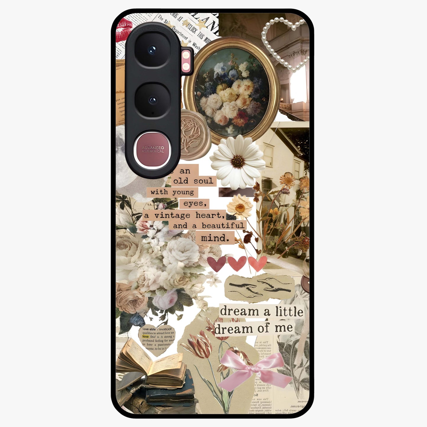 Aesthetic Brown Vintage Collage Glass Case showing flat back view with retro collage artwork and glossy glass finish.