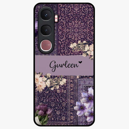 Antique Floral Whisper Custom Name Glass Case showing flat back view with vintage floral artwork and personalized name design.