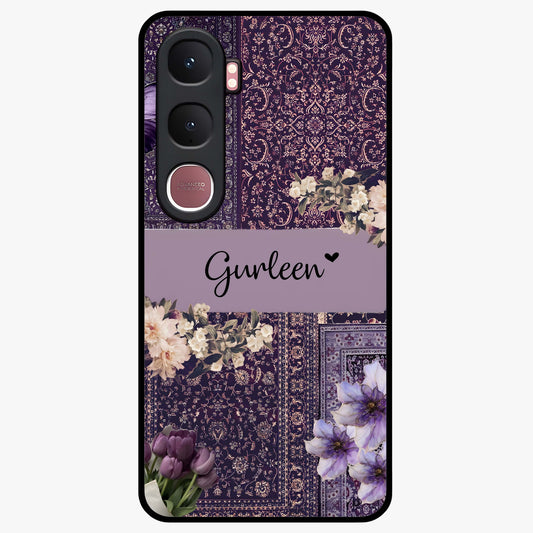 Antique Floral Whisper Custom Name Glass Case showing flat back view with vintage floral artwork and personalized name design.