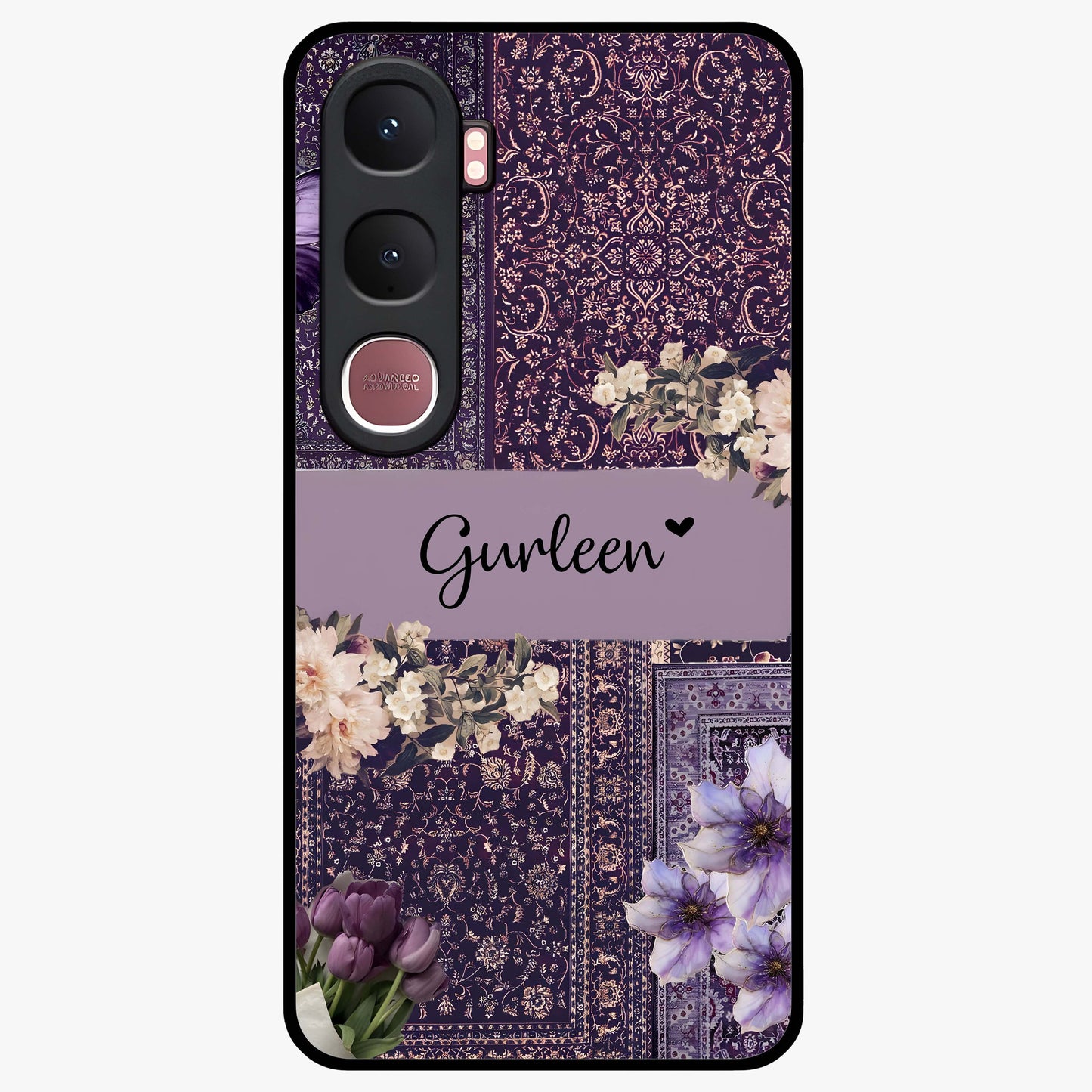 Antique Floral Whisper Custom Name Glass Case showing flat back view with vintage floral artwork and personalized name design.