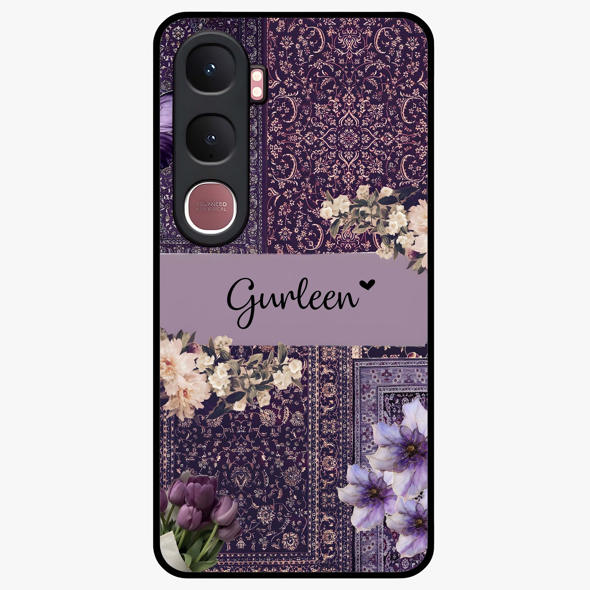Antique Floral Whisper Custom Name Glass Case showing flat back view with vintage floral artwork and personalized name design.