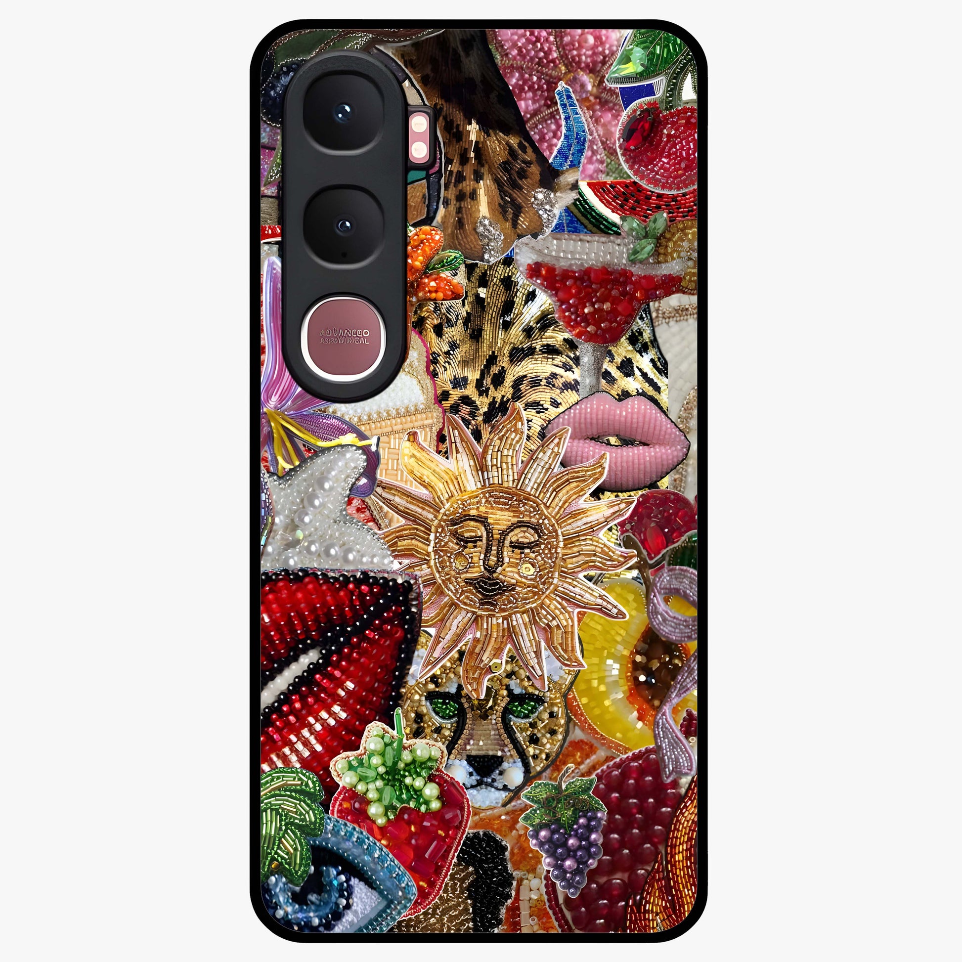 Beaded Fashion Jungle Glass Case showing flat back view with vibrant jungle inspired bead artwork and glossy glass finish.