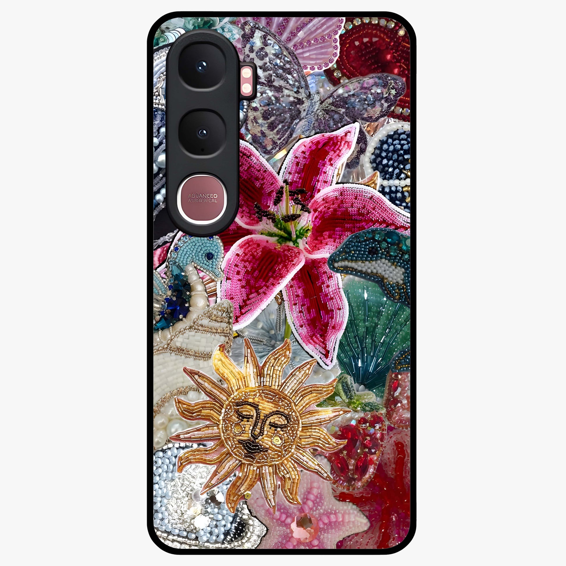 Beaded Garden Fantasy Glass Case showing flat back view with dreamy garden bead artwork and glossy glass finish.