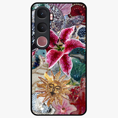 Beaded Garden Fantasy Glass Case showing flat back view with dreamy garden bead artwork and glossy glass finish.