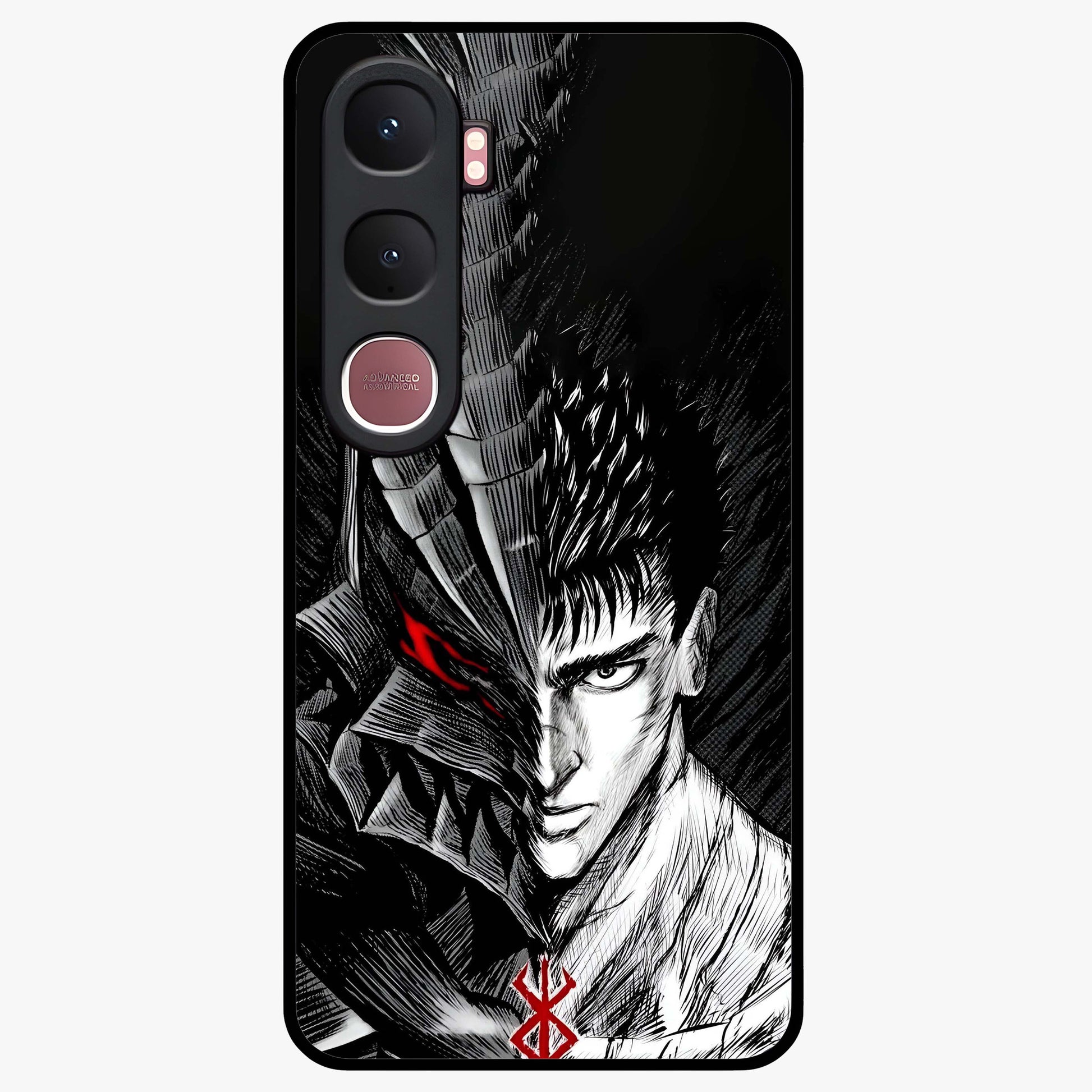 Berserker Blood Oath Glass Case showing flat back view with fierce warrior inspired artwork and glossy glass finish.