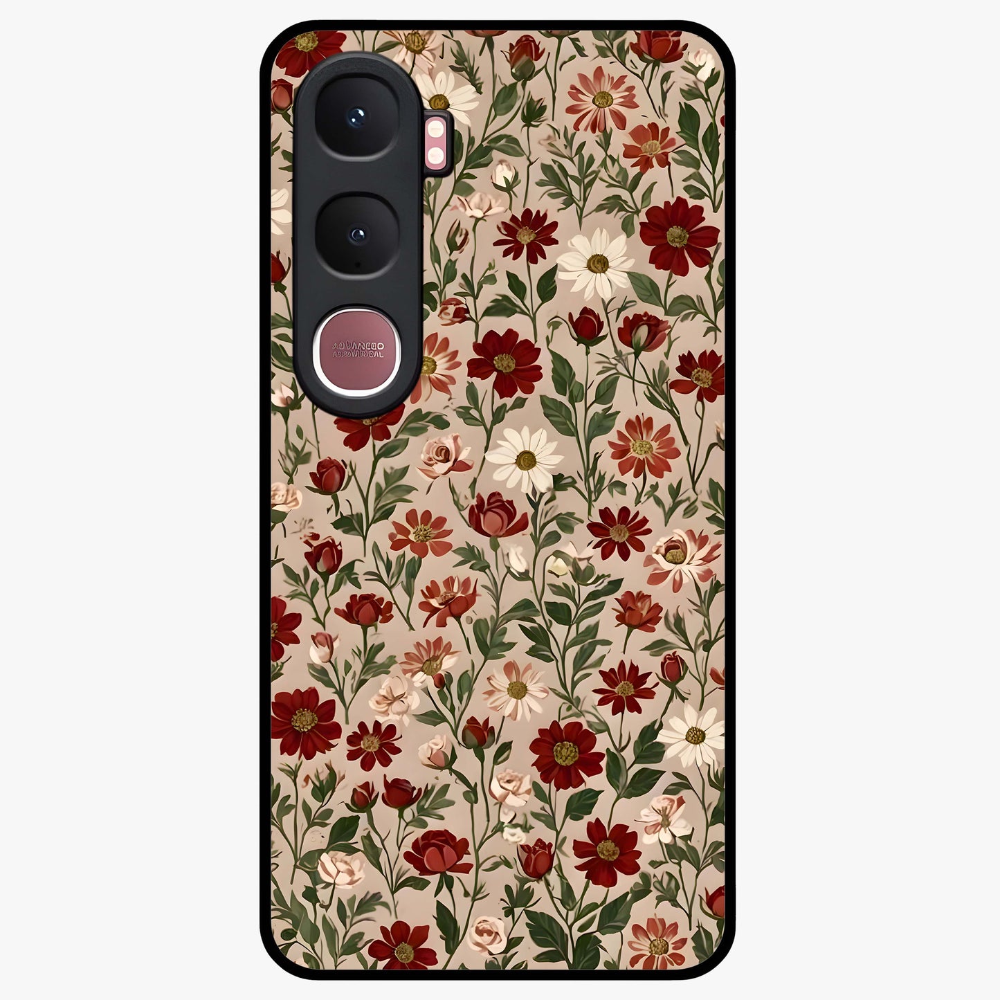 Biege Flower With Leaf Glass Case showing flat back view with soft beige floral artwork and glossy glass finish.