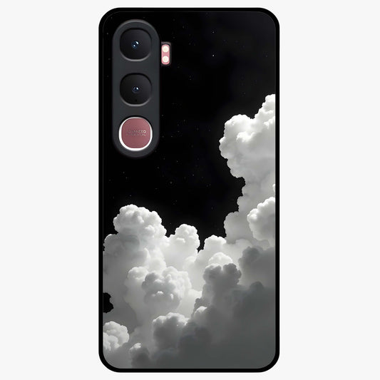 Black Background With White Cloud Glass Case showing flat back view with minimal cloud artwork on dark background and glossy glass finish.